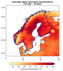 A map showing the highest daily temperature in Sweden, Norway and Finland. The countries are a dark red indicating how severe the heat was.