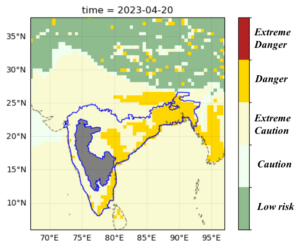 classification map for heat impacts based on HI, for the 4-day average daily maximum HI for the period 17-20 April, 2023 for the India-Bangladesh region.