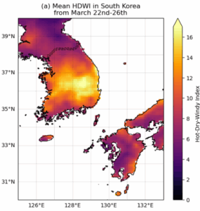 A map showing HDWI based on era5 land data, showing very high indices between the 22nd and 26th of March .