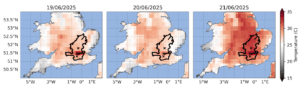 A graph with three panels showing the a map of the UK with forecast temperatures over three days from June 19-21. The heat gets more intense as the days progress, as shown by brighter red colours, which is most intense in southeast England.