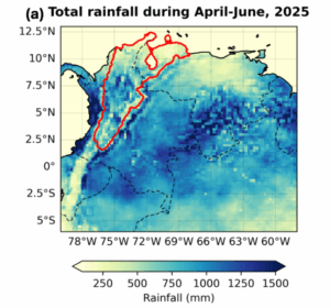 A map showing total rainfall from April-June this year over the top of South America. A red shape shows the area of Colombia analysed. 
