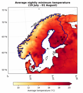 A map showing the hottest nighttime temperatures in Sweden, Norway and Finland. The map is dark red, indicating how hot the temperatures were.