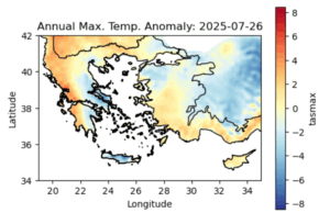 A map showing the daily maximum temperature in the Eastern Mediterranean. The highest temperatures are in the west.