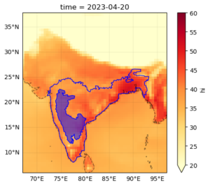 Heat Index map in degrees Celsius showing 4-day average daily maximum during 17-20 April, 2023 for the India-Bangladesh region.