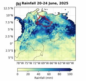 A map showing total rainfall from April-June this year over the top of South America. A red shape shows the area of Venezuela analysed.