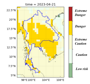 classification map for heat impacts based on HI, for the 4-day average daily maximum HI for the period 18-21 April, 2023, over the Thailand-Lao PDR region.