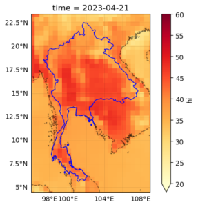 A map showing 4-day average daily maximum Heat Index during 18-21 April, 2023, over the Thailand-Lao PDR region