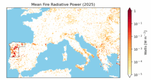 A map of Europe showing mean fire radiative power. The fires are shown as yellow orange and red dots. The most activity is in the northwest region of the Iberian Peninsula.