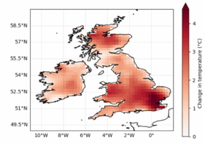 A map showing the change in the hottest 3-day temperatures across the UK and Ireland and how they have changed over time. The biggest change as indicated by brighter red colour is in the southeast of England.