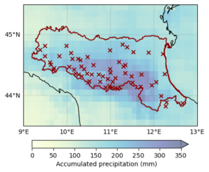 A map shows the 21-day accumulated precipitation from May 1st-21st, the wettest three-week period in 2023 in the Emilia-Romagna region.