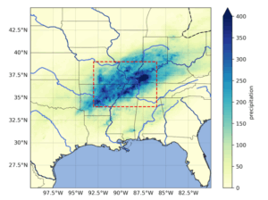 A figure showing 4-day accumulated precipitation over the Central Mississippi river valley from 03/04/2025-06/04/2025. Major rivers are marked in blue and the study region for rainfall is highlighted with the red dashed line.