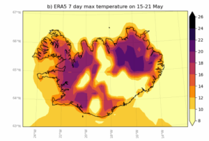 Two maps show temperatures from May 15-21 in Iceland. The heat was most intense in the north east and west of the country.
