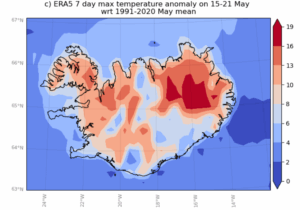 Two maps show temperatures from May 15-21 in Iceland. The heat was most intense in the north east and west of the country.
