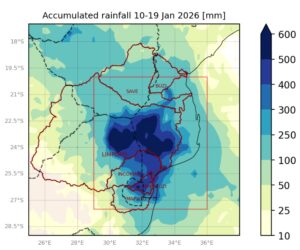 Figure 1: Accumulated rainfall over Mozambique, South Africa, Eswatini and Zimbabwe from 10-19 January 2025. The orange square indicates the study region, black dashed lines are the country borders, and the red shapes indicate the catchment areas for which the names are included in the figure. Data from ERA5.