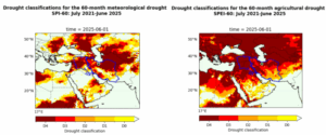 Figure 1: (Left) Drought classification for the wider West Asia region, categorised according to the US Global Drought Monitor system. The categories are based on the 60-month SPI values in June 2025, calculated from ERA5. The study regions are outlined in blue, the Tigris-Euphrates river basin on the left and Iran to the right. (Right) same as (Left) for 60-month SPEI.