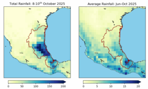 Figure 1: Maps of accumulated rainfall over eastern Mexico: (a) from October 8th-10th 2025 and (b) during the summer months of June-October 2025.