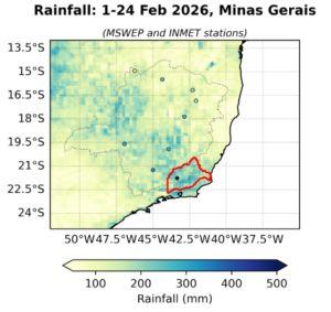 Figure 1:  Map of accumulated rainfall in Minas Gerais from the 1st up to the 24th of February 2026 in MSWEP and available INMET weather stations. The study region is outlined in red.