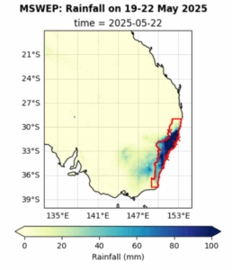 A map of Australia showing the study region in red, an area down the east coast, as well as the location of the heavy rainfall, given in dark blue.