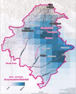 A map showing rainfall over northern Pakistan from June 24-23 July. Dark blue squares indicate heavy rainfall of up to 600mm. 