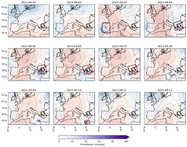 Maps on a graph showing 500 hPa geopotential height from September 1st-12th 2023, with daily accumulated precipitation overlaid 