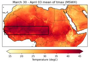 A graph showing average temperatures in West Africa and the Sahel, including a box outlining the larger West Africa and Sahel study region.