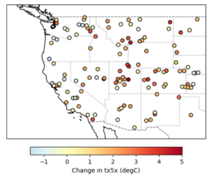 Figure 8: Expected change in tx5x in response to 1.3°C of human-caused warming in 120 GHCN-D stations with data from 1900-2026 and more than 75 years of complete March data.