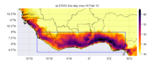 A graph showing 5-day averaged Heat Index for 11-15th February 2024. The blue outline shows the study region [4°N-9°N; 13°W-9°E]. Source: ERA5 reanalysis.