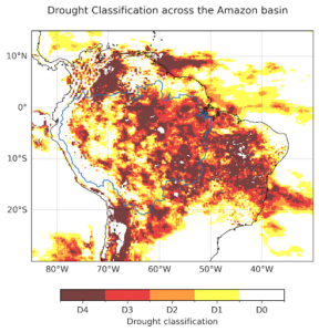 A graph showing 6-month SPEI (SPEI-6) over the Amazon River Basin (highlighted in blue), from June-November 2023, categorised according to the US Drought Monitor system, calculated from MSWEP and MSWX.
