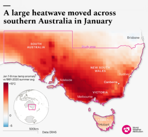 Figure 1: Anomalies of 3-day daily maximum temperatures from 7-9th January 2026 over Australia with respect to mean summer (December-February) daily maximum temperatures over the 1991-2020 climatological period. The study region is shown in pink. Data: ERA5.