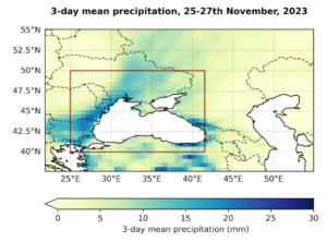 A figure showing Observed annual (July-June) maximum 3-day mean rainfall (Rx3day) recorded during Storm Bettina, on 25-27 November, 2023, in the region around the Black Sea.