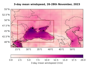 A graph showing Observed annual (July-June) maximum 3-day mean windspeed (WSx3day) recorded during Storm Bettina, on 26-28 November, 2023, in the region around the Black Sea.