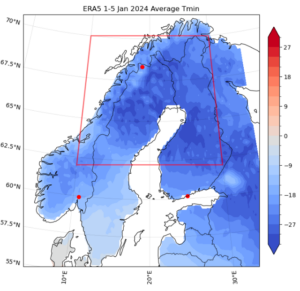 A map showing 5-day averaged near-surface minimum temperatures for 1st-5th January 2024 for Norway, Sweden and Finland. A red outline shows the study region and dots mark stations used in the observational analysis: Oslo in Norway, Helsinki in Finland and Abisko in Sweden. 