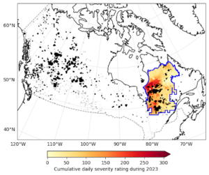 A map showing the study area in Quebec, Canada, as well as the mapped cumulative severity rating. 