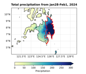 A graph showing Total precipitation over the region encompassing Mindanao (4-11N, 120-130E) during 28 Jan-1 Feb, 2024. The study region comprising the Caraga and Davao regions is outlined in red. (b) same as (a) showing the anomaly w.r.t 1990-2020 period. 