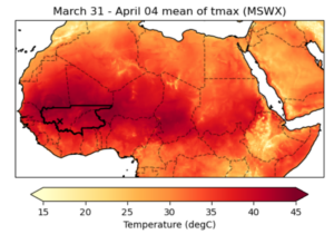A graph showing average temperatures in West Africa and the Sahel, including a box outlining the Burkina Faso and Mali study area. 