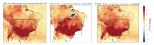 A map showing ERA5, CPC and MSWX  near surface temperature (T2m) [℃ ] anomalies w.r.t. 1980-2010, showing 10-day average daily maximum for the period of 17th to 26th of September 2023. 