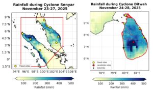 Figure 1. Event definition maps of 5-day precipitation associated with storms Senyar and Ditwah, over Malacca Strait and Sri Lanka, respectively. Left: Box over the Malacca Strait region, with the south-east triangle cut out. Right: Island of Sri Lanka. Flood and landslide sites are indicated with yellow and red circles. Blue lines show the approximate locations along which flooding occurred. Data source: MSWEP