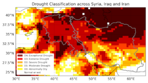A graph showing Drought classification for the wider West Asia region, categorised according to the US Global Drought Monitor system. The categories are based on the 36-month SPEI values in June 2023. The study regions are outlined in grey, the Tigris-Euphrates river basin on the left and Iran to the right.