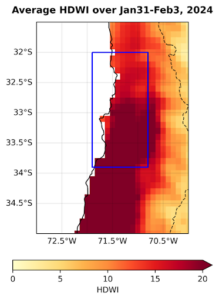 A figure showing Maximum of average 4-day Hot-Dry-Windy-Index (HDWI) that occurred between January 31 to February 4, 2024 over central Chile (from ERA5-Land dataset).