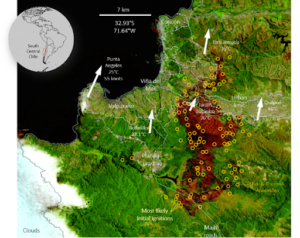 A map showing the burned area of the February 2 wildfire in central Chile's Viña del Mar – Valparaíso sector.