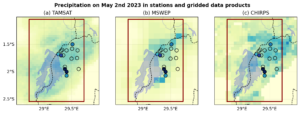 Figure showing : Precipitation on May 2nd 2023 over the Lake Kivu region in five gridded data products: (a) TAMSAT,(b) MSWEP, (c) CHIRPS, (d) ERA5, (e) CPC.