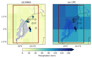 Figure showing Precipitation on May 2nd 2023 over the Lake Kivu region in five gridded data products: (a) TAMSAT, (b) MSWEP, (c) CHIRPS, (d) ERA5, (e) CPC. 