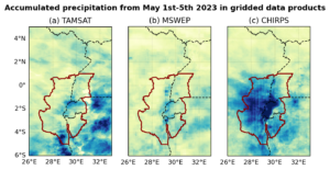 Figure showing 5-day accumulated precipitation in gridded data products from May 1st-5th 2023 over the region surrounding Lake Kivu: (a) TAMSAT, (b) MSWEP, (c) CHIRPS, (d) ERA5, (e) CPC.