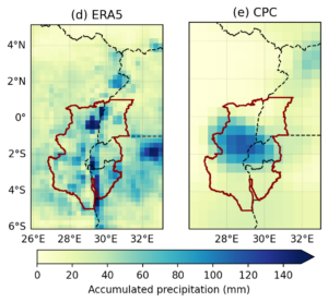 Figure showing 5-day accumulated precipitation in gridded data products from May 1st-5th 2023 over the region surrounding Lake Kivu: (a) TAMSAT, (b) MSWEP, (c) CHIRPS, (d) ERA5, (e) CPC.