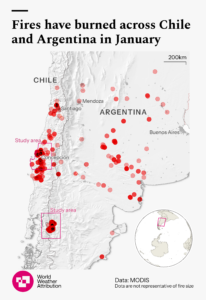 Figure 1: Map of the wider study region in Southern South America. Red dots mark active fires from January 6 - 20, according to MODIS data. The size of the dots is not to scale. The two study regions are indicated by pink boxes. 