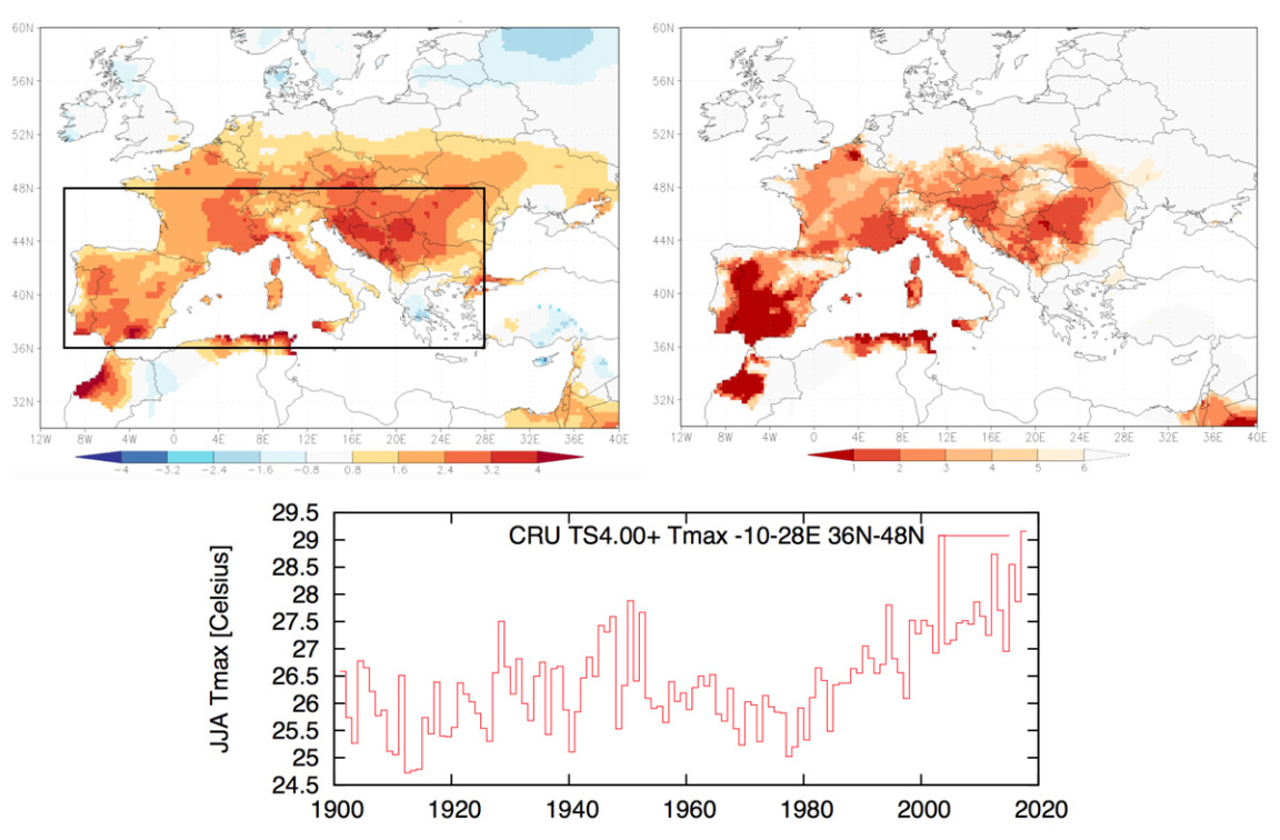 Maps and graph showing maximum temperatures.