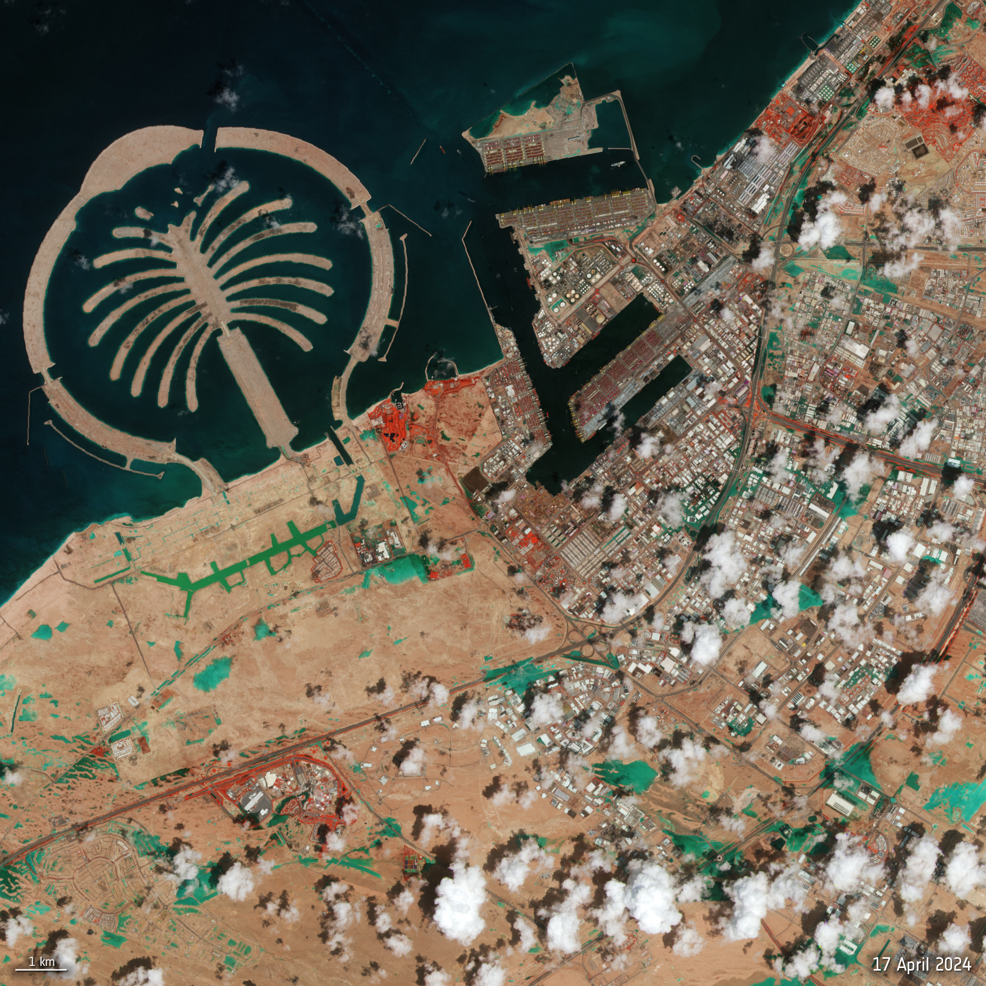 A satellite image of Dubai showing the iconic Jumeriah palm tree island. Areas of flooding are highlighted in light blue.