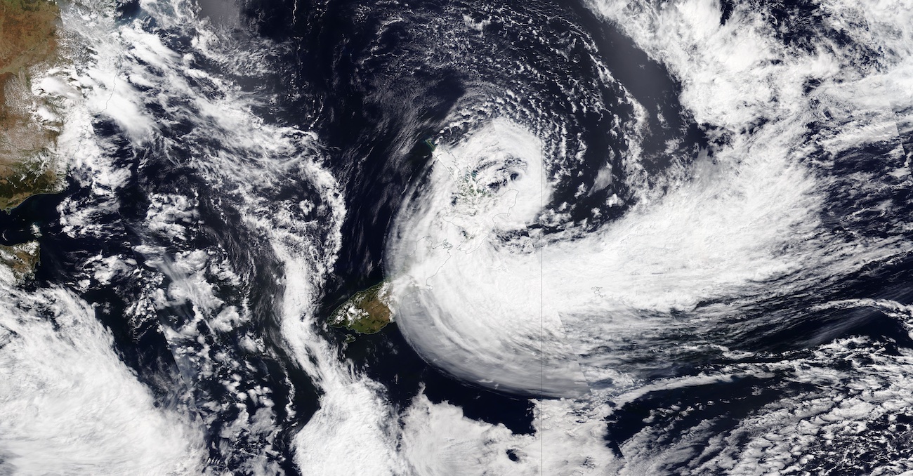 Satellite image of cyclone Gabrielle above New Zealand.