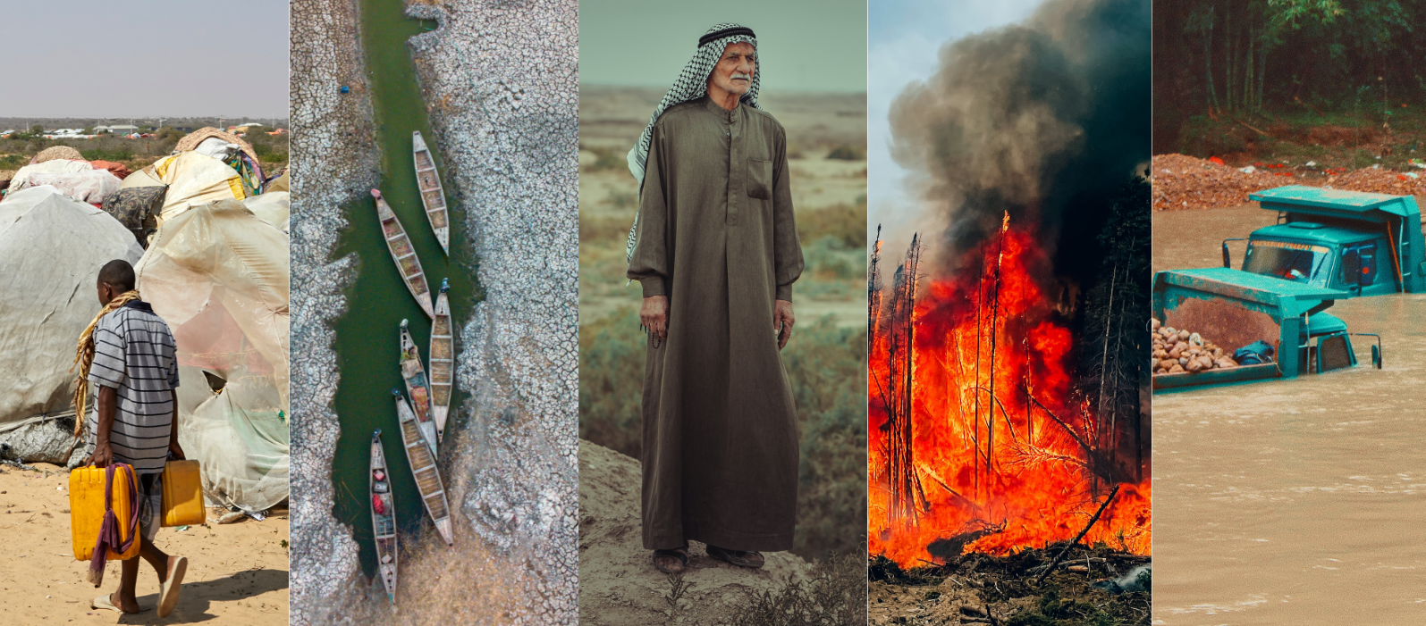 A composite image showing five photos including a boy in Africa carrying water jugs, a dried up lake, a farmer in Syria, a wildfire in Canada and a flood in India
