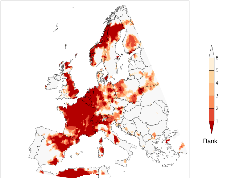 Classificação das temperaturas máximas anuais observadas na Europa em 2019, em comparação com 1950 a 2018, com base no conjunto de dados E-OBS (Haylock et al., 2008, versão 19, estendido com atualizações mensais e diárias até 30 de julho de 2019)